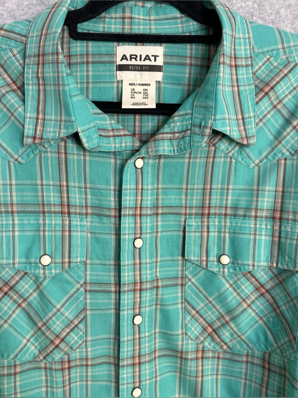 Ariat Mens Shirt XXL Western Pearl Snap Long Sleeve Cotton Plaid Turquoise